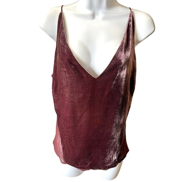 J Brand Velvet Velour Top Sheer Back Eggplant Silk Blend Size Large - Picture 2 of 5